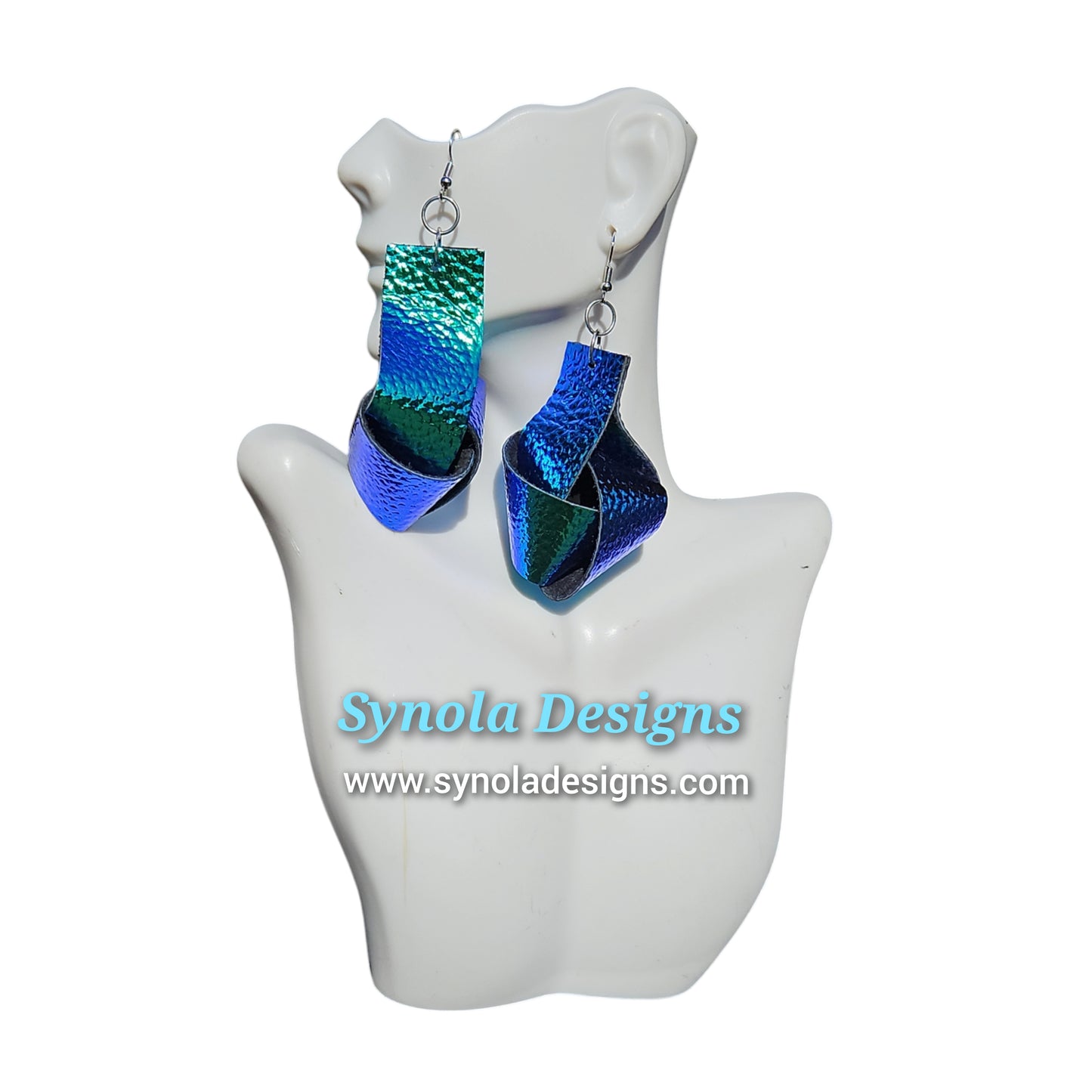 Metallic Blue Leather Knot Earrings