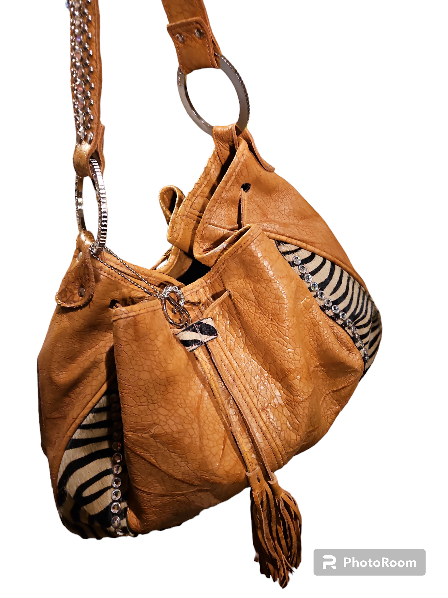 Raviani Rhinestone Calf Hair Leather Shoulder Bag