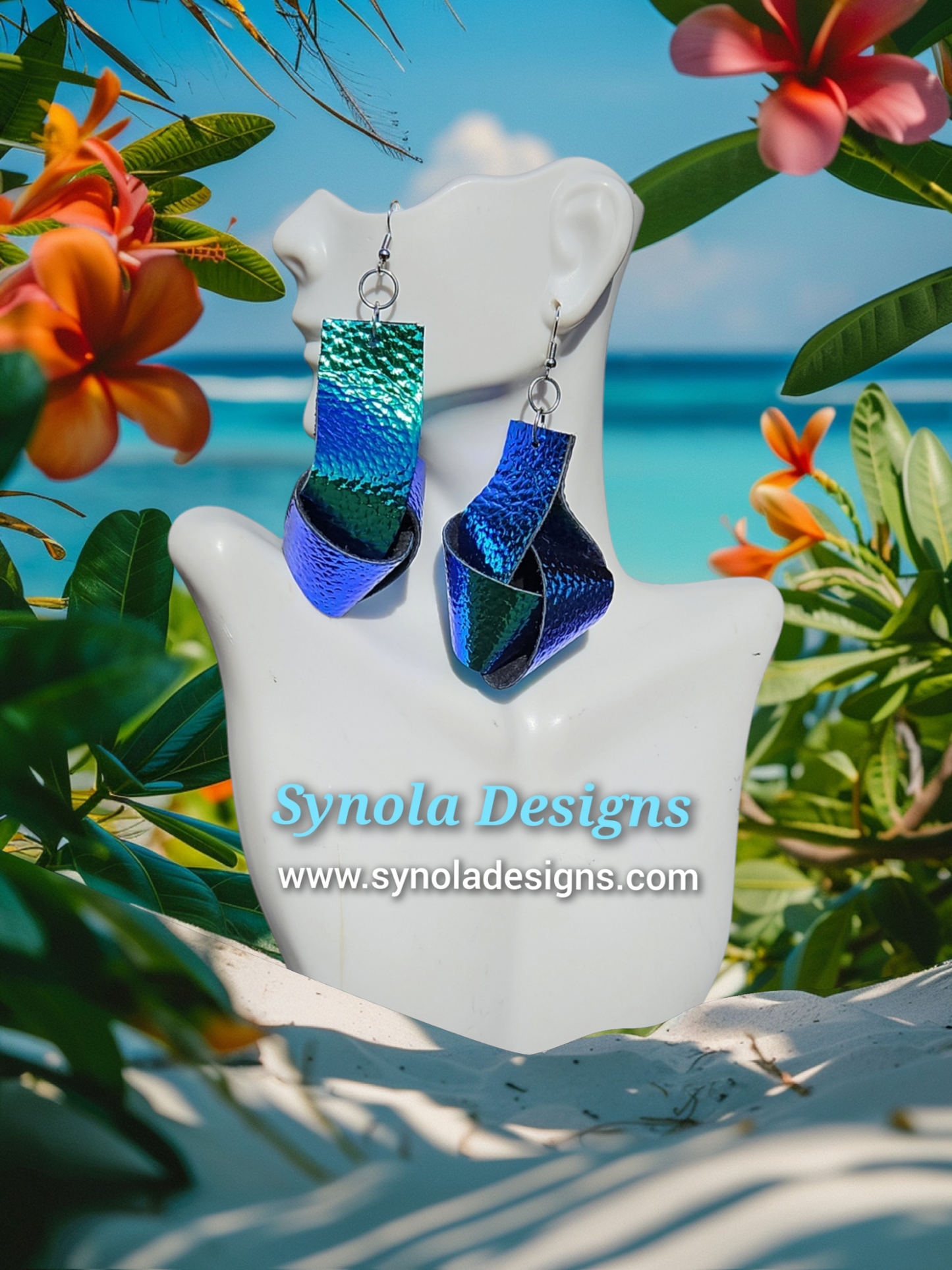 Metallic Blue Leather Knot Earrings