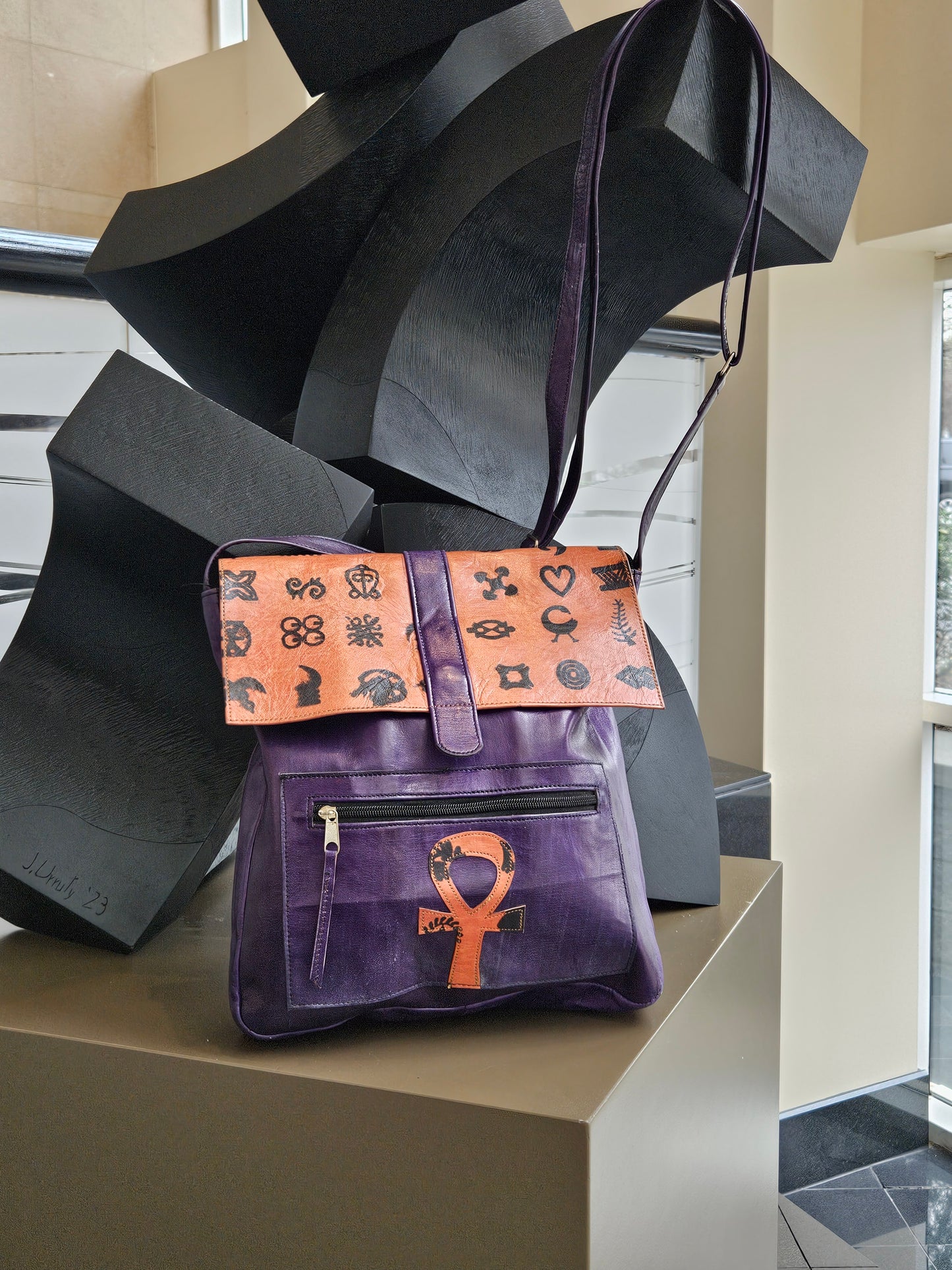 Purple Leather African Ankh Crossbody Bag