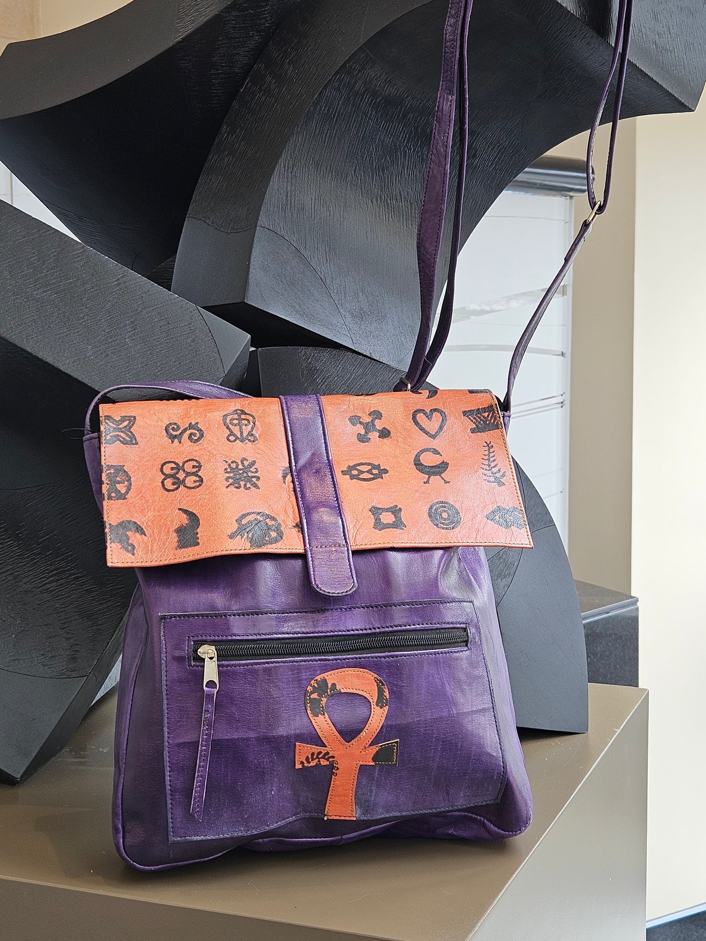 Purple Leather African Ankh Crossbody Bag