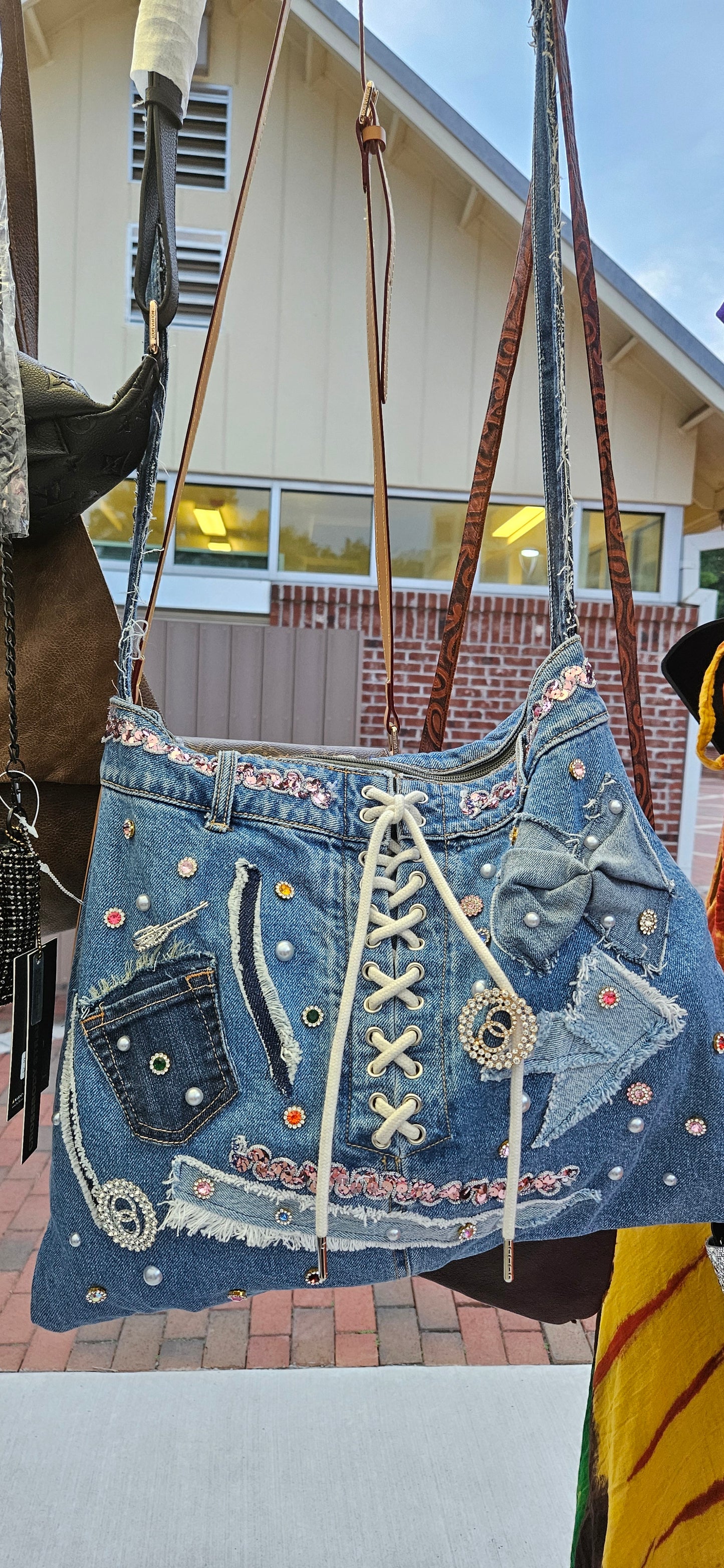 Denim shoe lace handbag