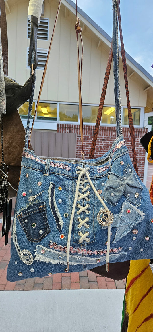 Denim shoe lace handbag
