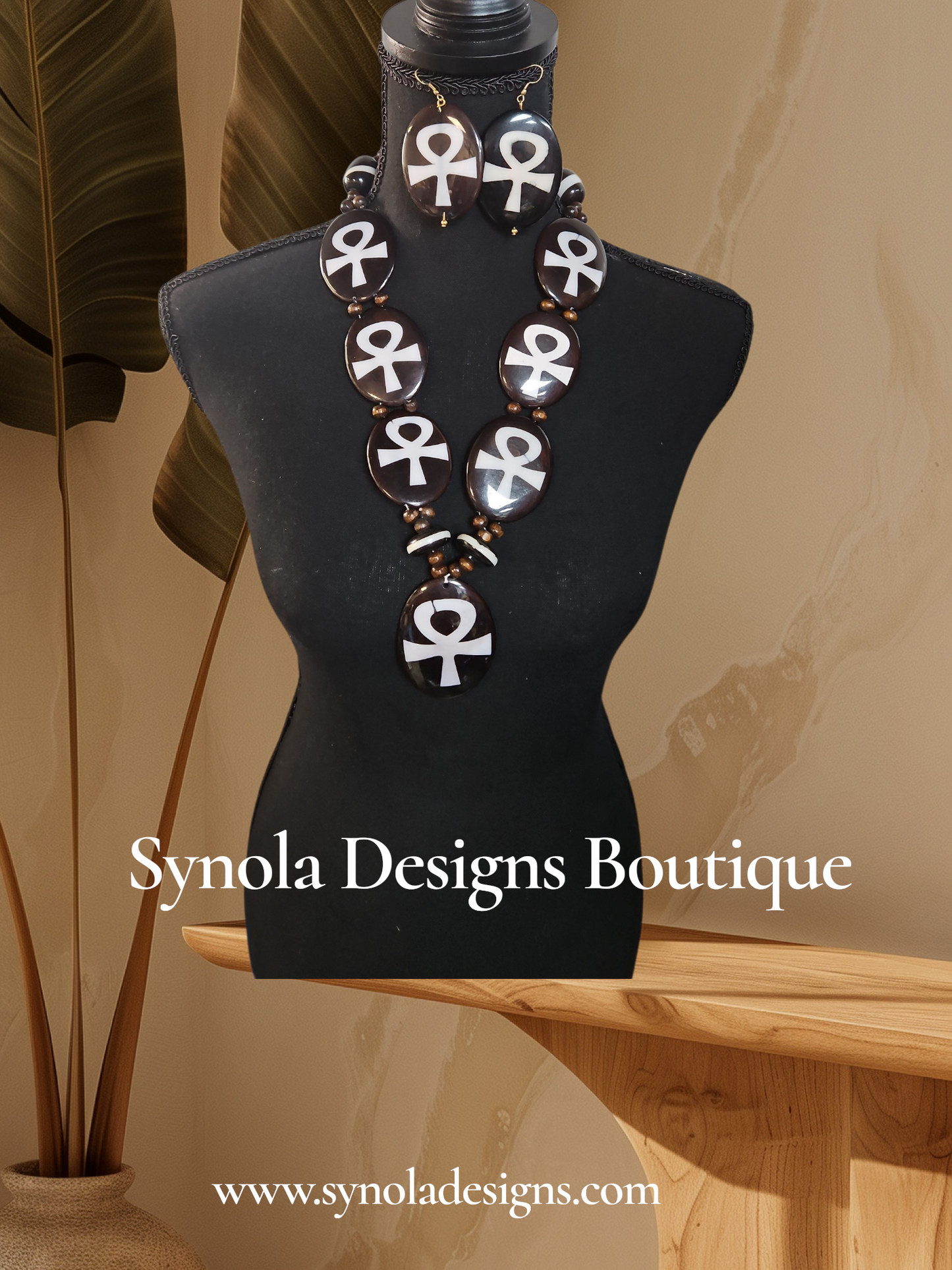 African Ankh Brown Beaded Necklace Set