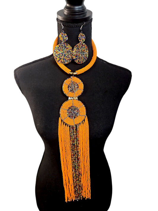 Kenya Orange Beaded Long Necklace Set
