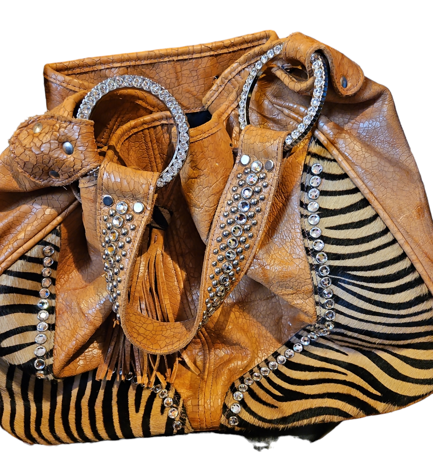 Raviani Rhinestone Calf Hair Leather Shoulder Bag