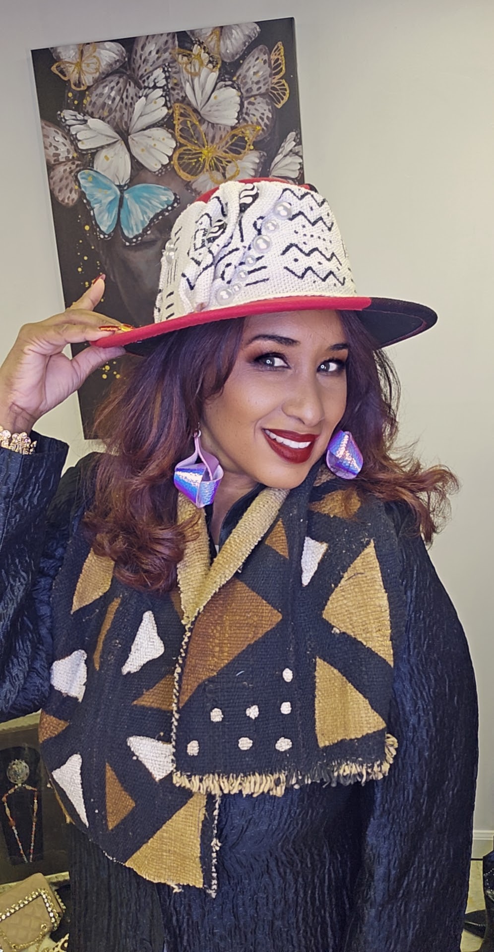 Red Black Fedora Mudcloth Hat