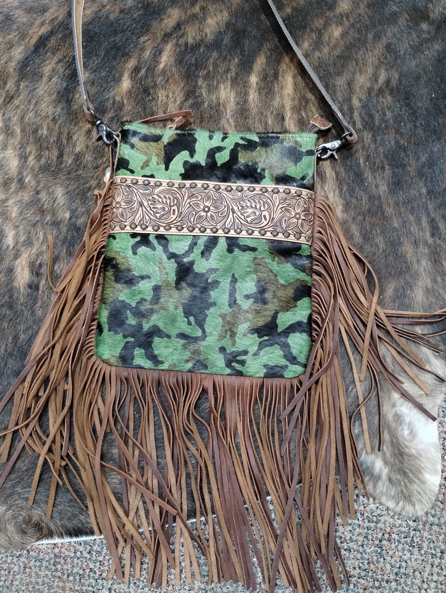 Green Camouflage Leather Fringe Handbag